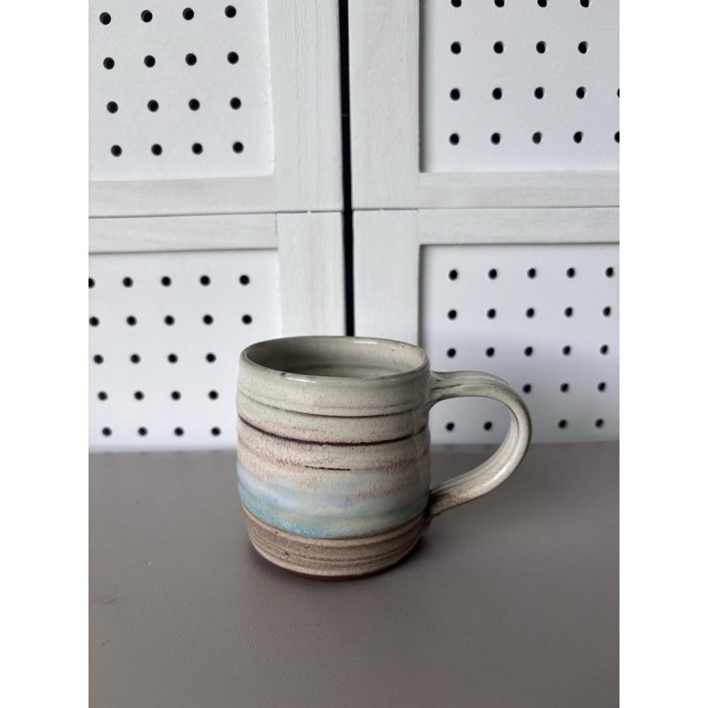 Hand Thrown Mug Pottery Drip Glaze Stoneware Blue Beige Signed 3.25" Tall